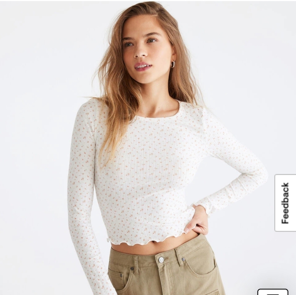 Women's White Floral Long Sleeve Top Aeropostale Cropped Size M